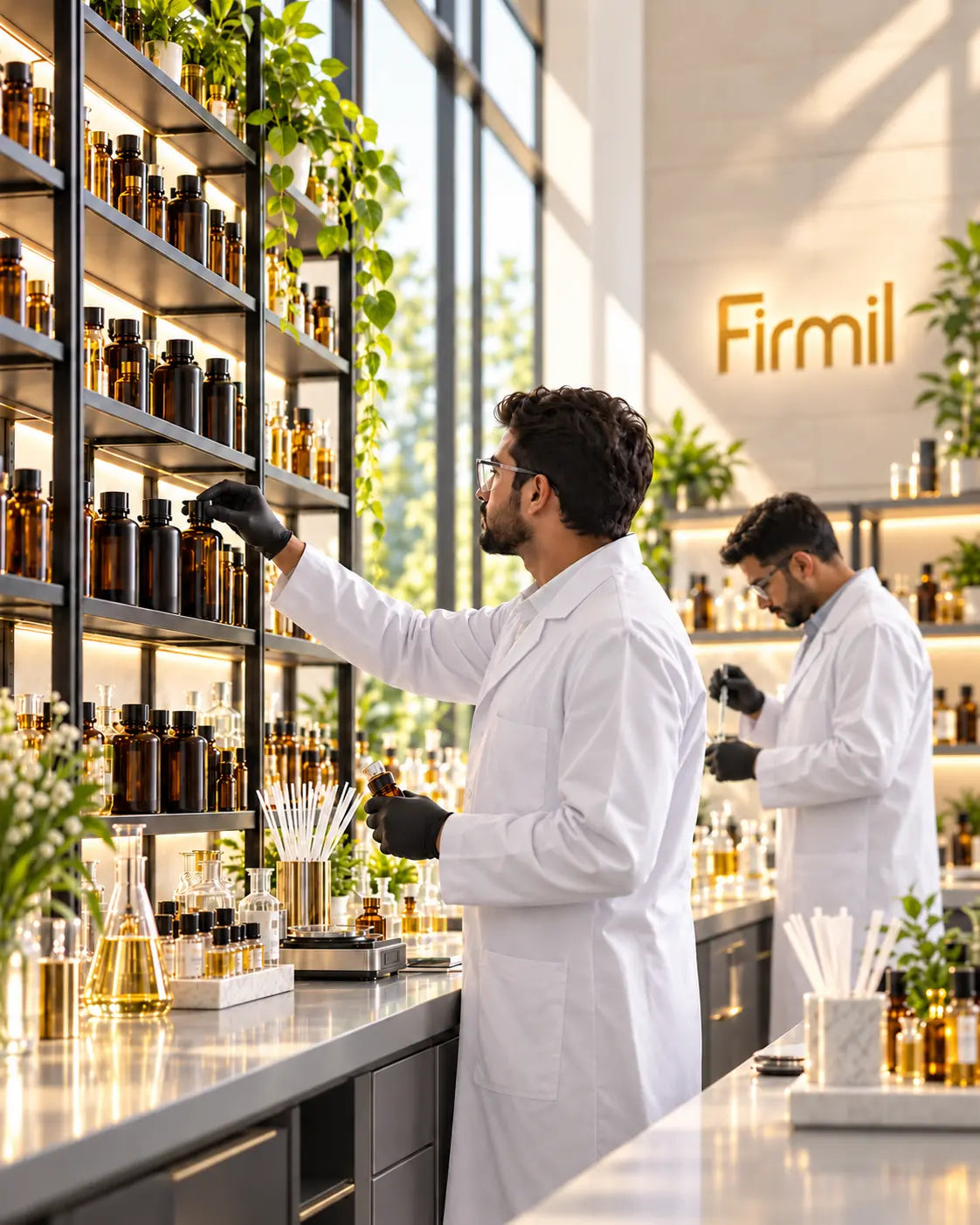 Firmil perfume oil laboratory with fragrance specialists developing and handling concentrated perfume oils in a professional facility.