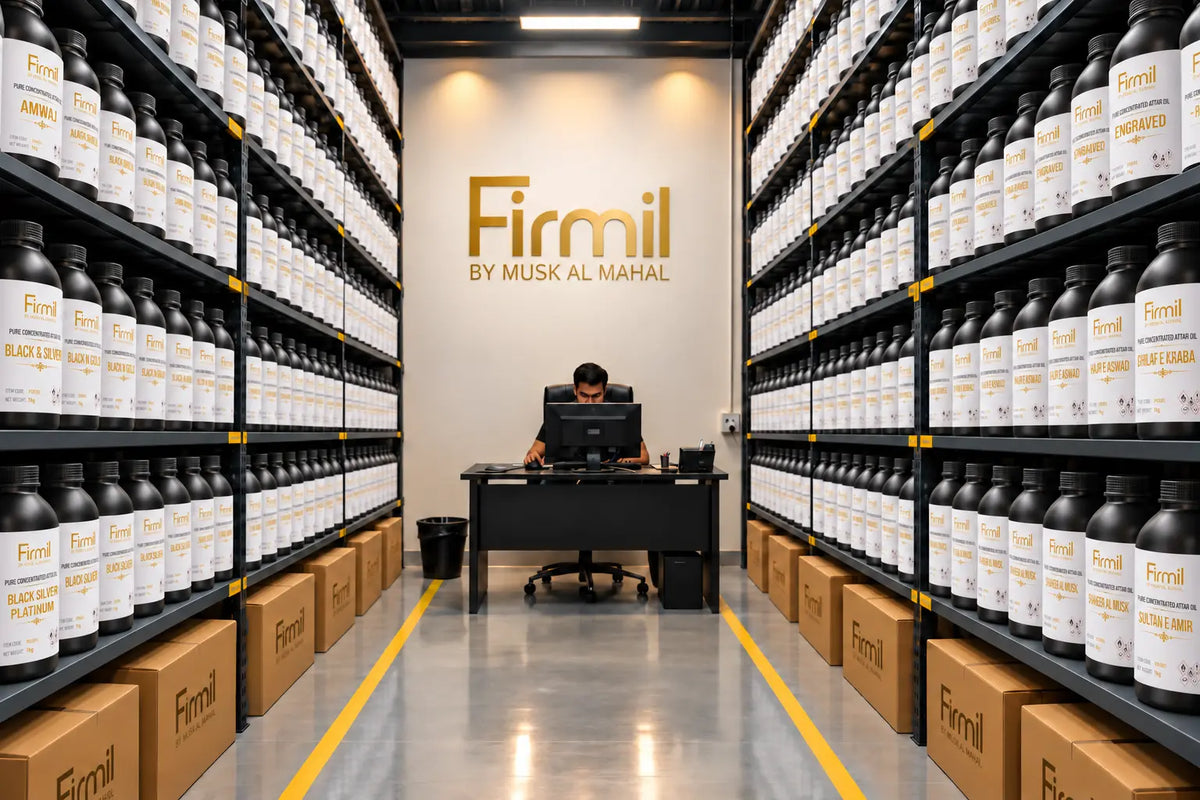 Firmil by Musk Al Mahal perfume oil warehouse with concentrated attar oils, storage shelves, and inventory.